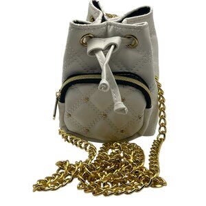 Quilted Mini Drawstring Crossbody Bag in Cream with Gold Chain